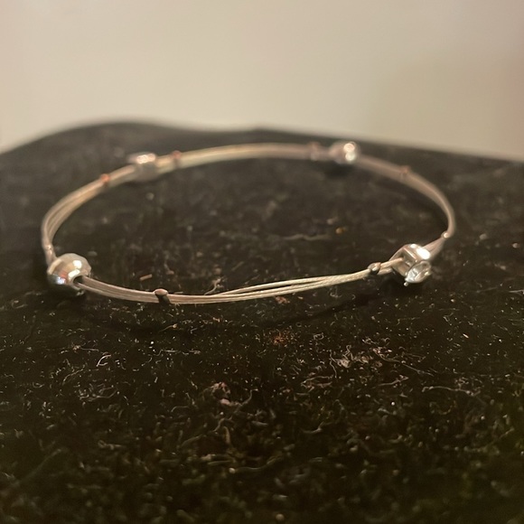 8” Minimalist silver tone stretch bracelet w/2 beads & 2 bezel set crystals - Picture 2 of 13